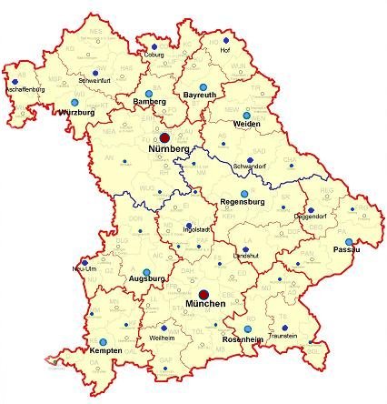 Landkarte Bayern zur Auswahl der die Gerichte